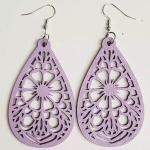 Large Lilac Purple Bohemian Teardrop Wood Cut Out Flower Dangle Earrings